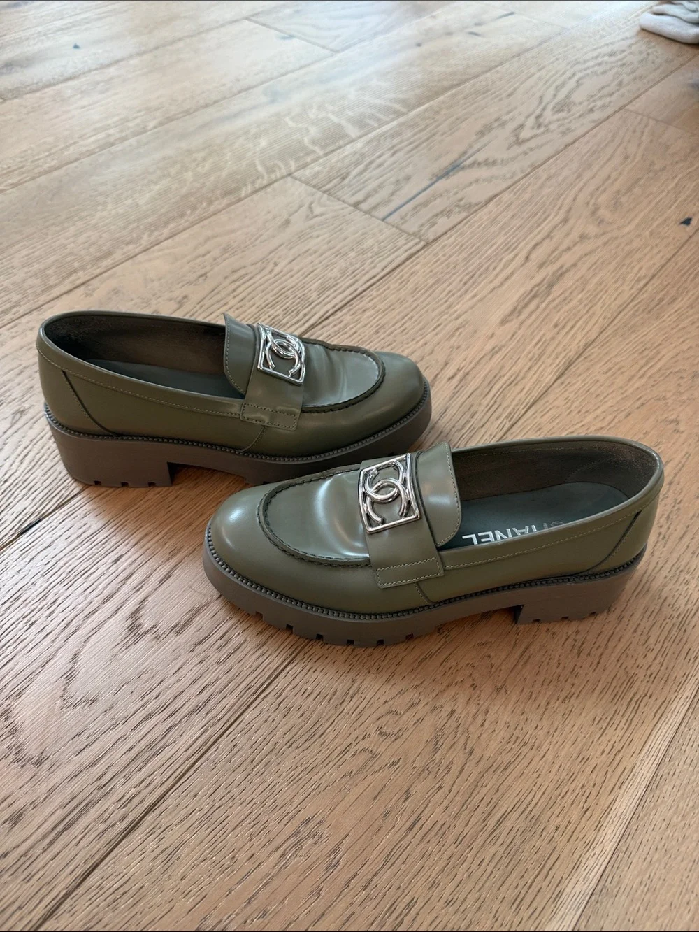 Chanel Khaki Green Leather Lug Sole Loafers